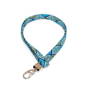 Mosaic Medallion Turquoise Lanyard - Lime Green and Navy Blue ID Badge Holder with Optional Safety Break Away
