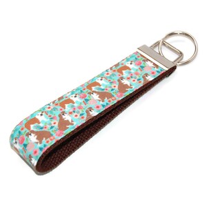 English Bulldog and Flower Keychain - Dog Fabric Key Fob Wristlet