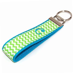Personalized Lime Green and Turquoise Blue Chevron Keychain - Custom Embroidered Key Fob Wristlet  - Choice of Initial Monogram or Name