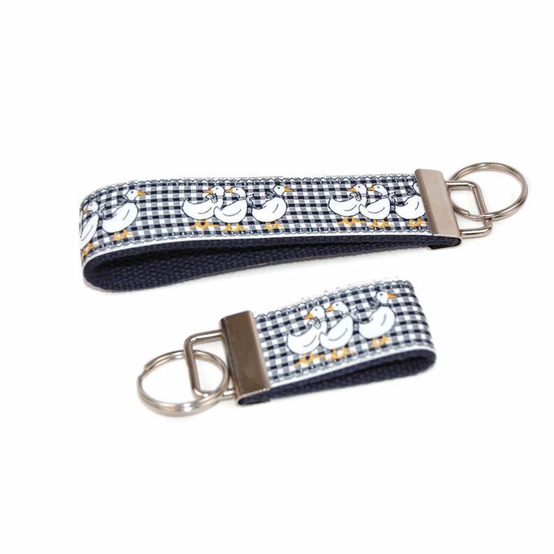vintage duck on navy gingham keychain silver hardware in both wristlet and mini size