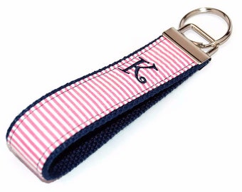 Personalized Custom Embroidered Keychain Keyfob - Preppy Pink Seersucker on Navy Blue - Your Choice of Letter Monogram or Name