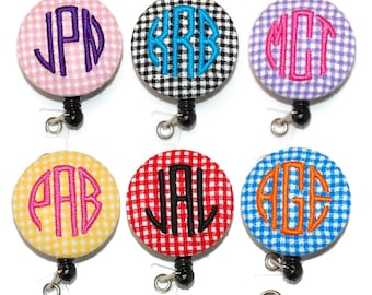 Gingham Monogram Badge Reel: Personalized ID Holder, Co-worker Gift