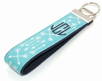 Personalized Arrow Keychain  Aqua Blue and Navy Blue - Embroidered Monogram Key Fob Wristlet Letter or Name