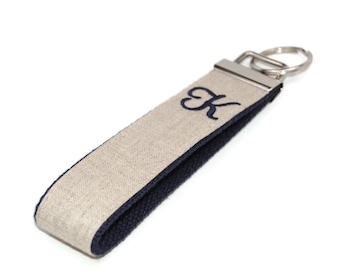 Personalized Linen Keychain: Embroidered Monogram Key Fob Wristlet