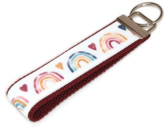 Watercolor Rainbow Keychain Wristlet - Fabric Key Fob Strap with Rainbows and Hearts