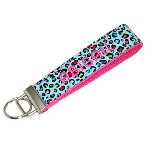 Leopard Personalized Keychain Wristlet - Custom Embroidered Name Keychain - Colorful Animal Print Key fob - Bag Tag Lanyard - Teacher Gift