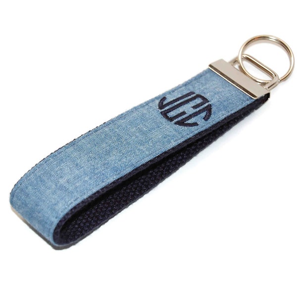 Blue Chambray Personalized Keychain Wristlet - Your Choice of 3 Letter Monogram and Colors Letter or Name