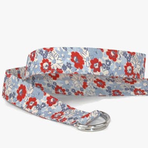 Americana Floral Fabric Belt - Preppy D Ring Buckle - Patriotic Summer Accessory - Adult or Teen Custom Sizes - Red White Blue Flower Belts