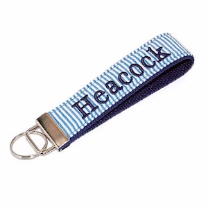 Navy Blue Seersucker Print Monogrammed Keychain Custom Embroidered Name Key fob Letter or Monogram