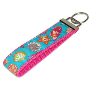 Seashell Keychain - Fabric Key Fob Wristlet with Shells - Colorful Beach Nautical Gift