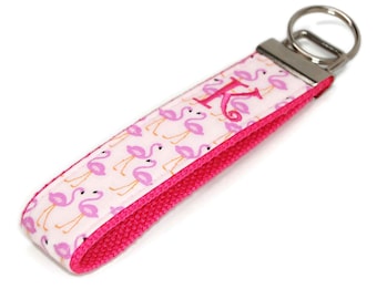 Pink Flamingo Monogrammed Keychain with Your Custom Initial - Embroidered Key Fob Wristlet - Personalized Single Letter Monogram or Name