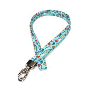 Book Worm Lanyard - Cute Fabric with Stacks of Books on Blue - ID Badge, Name Tag or Keys - Librarian Gift - Teacher Gift - Book Lovers Gift
