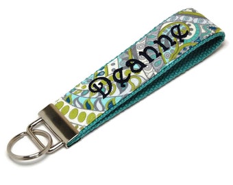 Personalized Paisley Keychain Wristlet: Embroidered Monogram Key Fob