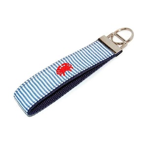 Cute Embroidered Crab Keychain on Navy Blue Seersucker - Key Fob Wristlet