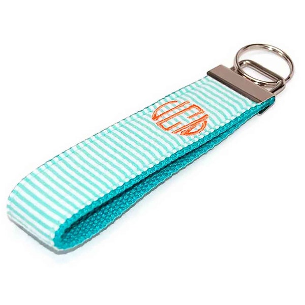 Coral and Mint Seersucker Monogrammed Keychain  -  Custom Embroidered Monogram Initial 3 Letter Key fob Letter or Name