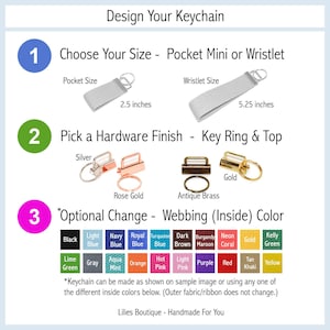 vintage ducks on navy keychain chart for optional color, hardware, and size changes