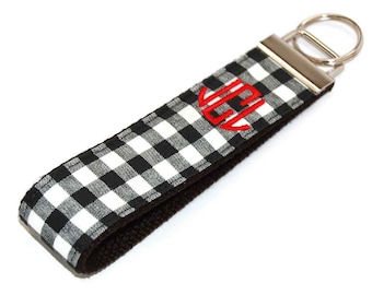 Black and White Check Monogram Keychain Wristlet - Your Choice of 3 Letter Monogram and Color - Custom Key fob Letter or Name