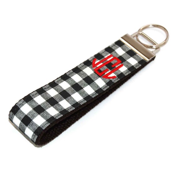 Black and White Check Monogram Keychain Wristlet - Your Choice of 3 Letter Monogram and Color - Custom Key fob Letter or Name