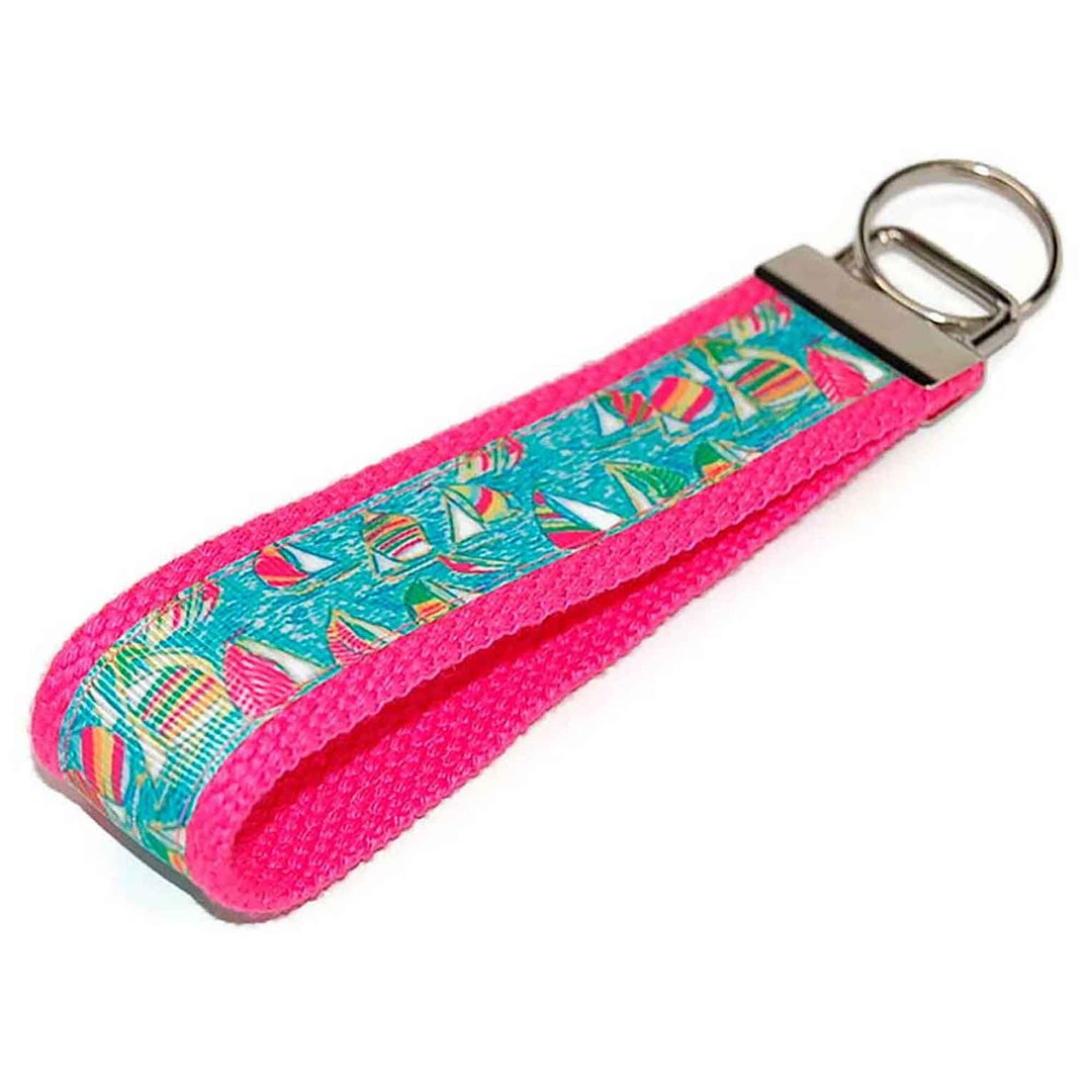 Preppy Sailboat Keychain Ribbon Key Fob Pink and Aqua Sailing Nautical ...