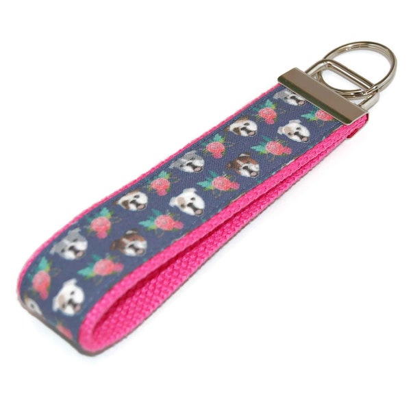 English Bulldog Keychain - Fabric Key Fob Wristlet - Dog Lover