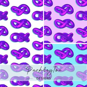 May include: A repeating pattern of purple pretzel-like shapes on white, pink, and blue backgrounds. The shapes have a 3D effect with highlights and shadows. The text "Parkleyton DESIGNS" is at the bottom.