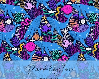 Ocean Whale & Deep Sea Creatures Seamless Pattern • Colorful Marine Life Nautical Digital Paper for Crafts and Fabric Printing, Scrapbooking