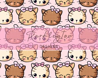 Kawaii Kitty Pattern Seamless Digital Paper – Cute Pastel Cartoon Kitty Faces with Bows for Scrapbooking, Sublimation & Fabric Printing