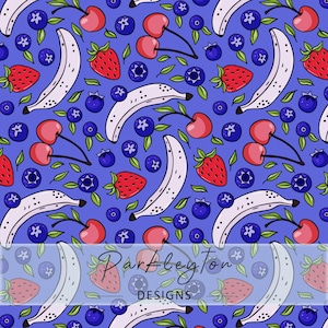 Puede incluir: Patrón sin costuras con ilustraciones dibujadas a mano de plátanos, fresas, cerezas y arándanos sobre un fondo azul. El diseño incluye el texto "Parkleyton DESIGNS" en blanco, con fuente cursiva.