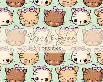 Kawaii Kitty Pattern Seamless Digital Paper – Cute Pastel Cartoon Kitty Faces with Bows for Scrapbooking, Sublimation & Fabric Printing
