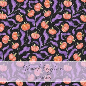 May include: A repeating pattern of orange pumpkins and purple leaves on a black background. The pumpkins have green stems and are scattered across the design. The leaves are long and slender. The text "Parkleyton DESIGNS" is at the bottom.