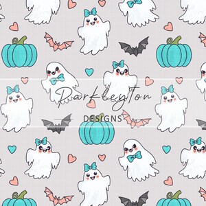 May include: A seamless pattern featuring cute cartoon ghosts wearing pink bows and teal pumpkins on a light gray background. The pattern also includes bats and hearts.