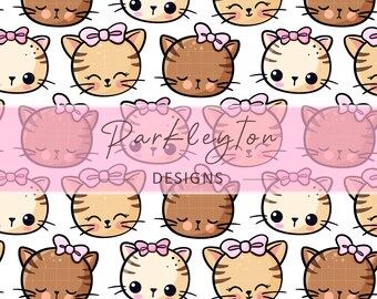Kawaii Kitty Pattern Seamless Digital Paper – Cute Pastel Cartoon Kitty Faces with Bows for Scrapbooking, Sublimation & Fabric Printing