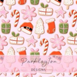 May include: A repeating pattern of Christmas cookies in various shapes, including stars, snowflakes, candy canes, gift boxes, Christmas trees, and Santa hats. The cookies are decorated with pink, green, red, and white icing on a light pink background. The text "Parkleyton Designs" is at the bottom.