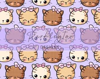 Kawaii Kitty Pattern Seamless Digital Paper – Cute Pastel Cartoon Kitty Faces with Bows for Scrapbooking, Sublimation & Fabric Printing