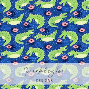 May include: A repeating pattern of green cartoon alligators, pink water lilies, and blue water ripples on a dark blue background. The text "Parkleyton DESIGNS" is at the bottom of the image.