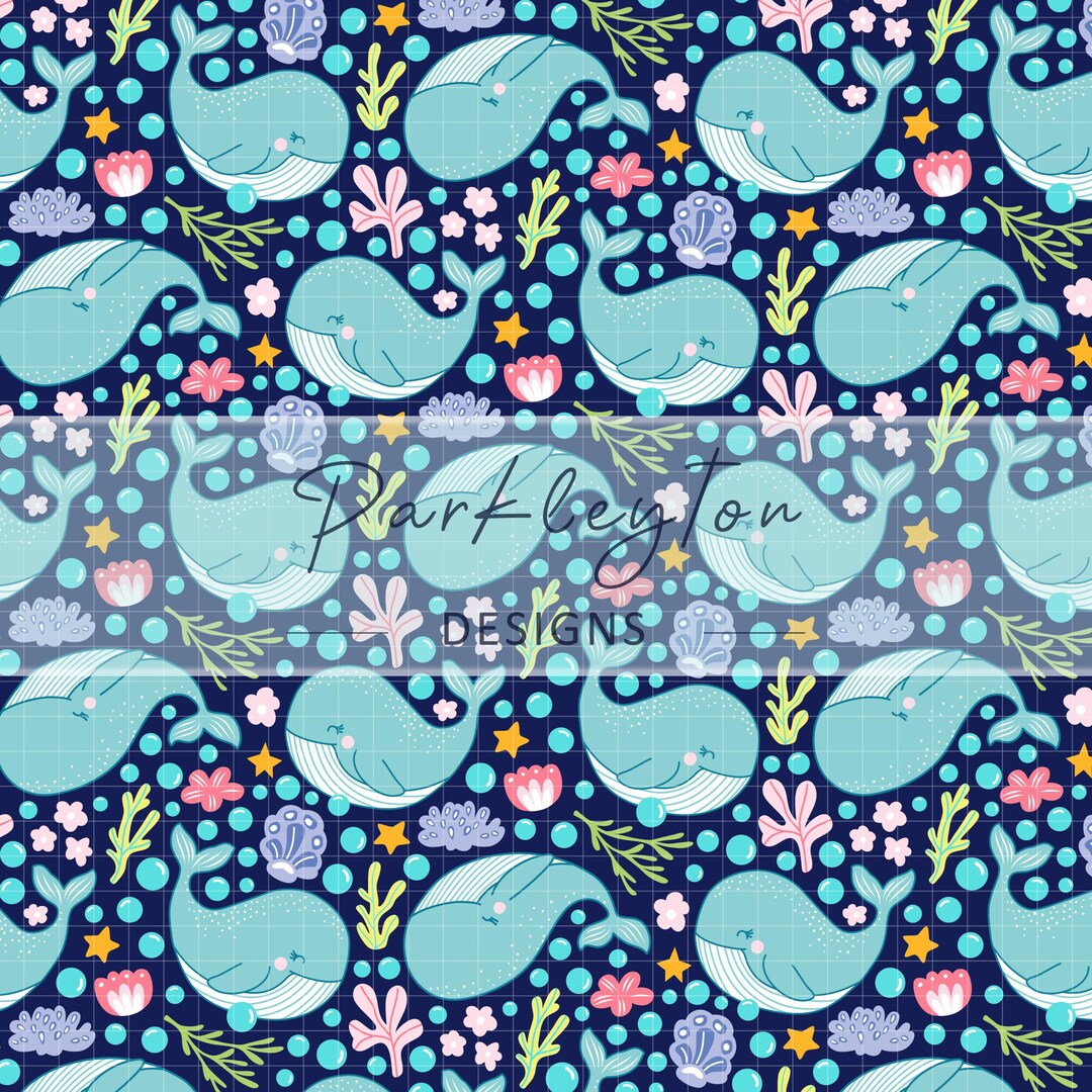 Pastel Whales Seamless Pattern Cute Ocean Background With Seaweed and ...