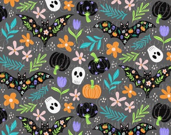 Halloween Bats Seamless Pattern – Gray Floral Spooky Background with Pumpkins, Skulls, & Flowers | Digital Paper, PNG, Hand Drawn
