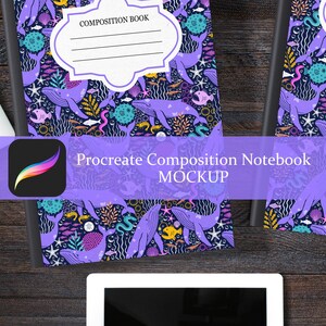 May include: A composition book with a vibrant, ocean-themed design featuring purple whales, fish, and coral on a dark blue background. The cover includes the text "COMPOSITION BOOK" and a white label. The image also displays the text "Procreate Composition Notebook MOCKUP".