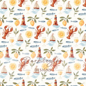 Mediterranean Nautical Seamless Pattern - Watercolor Lemons, Lobsters, Lighthouses, and Sailboats for Fabric & Digital Use, Amalfi Coast