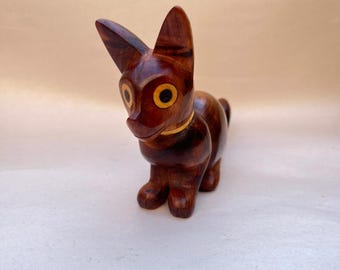 Hand-Carved Wooden Dog Figurine – Natural Wood Animal Sculpture