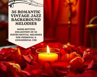 May include: A candle in a glass holder, surrounded by red rose petals. The background shows a red curtain and a candelabra. A banner displays text: "35 Romantic Vintage Jazz Background Melodies."