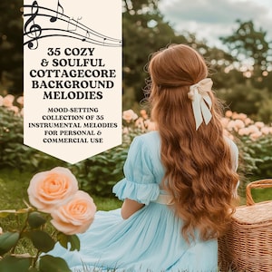 May include: A woman with long auburn hair and a white bow sits in a field of roses, wearing a light blue dress. A picnic basket is to the right. Text on the left reads "35 Cozy & Soulful Cottagecore Background Melodies."