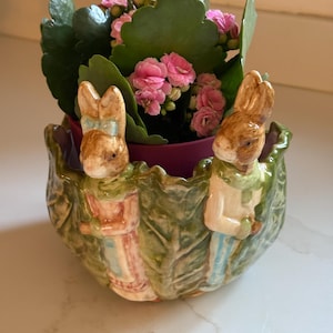 Vintage Bunnies and Cabbage ceramic pot for indoor plant