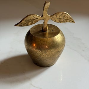 May include: A brass apple-shaped object with a smooth, rounded body and a textured stem featuring two flat, pointed leaves extending horizontally from the top. The metal surface displays a weathered, golden-toned patina with subtle dark spots.