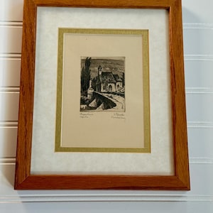 Vintage original etching of Wolfgangskapelle in Bad Mergentheim Germany. Signed by artist W Rosler