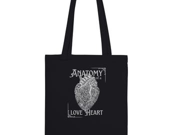 Bolsa de tela negra "Anatomía de un corazón enamorado" - Diseño de corazón de algodón con garabatos - Bolsa de compras ecológica