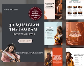 30 plantillas de Canva para publicaciones de Instagram de músicos / Plantillas para redes sociales para artistas y bandas musicales / Contenido editable para marketing musical