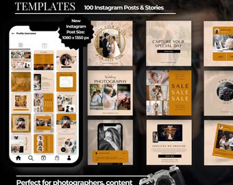 100 Photographer Social Media Templates | 50 Instagram Posts + 50 Stories | Editable Canva Templates for Photographers & Photo Studios