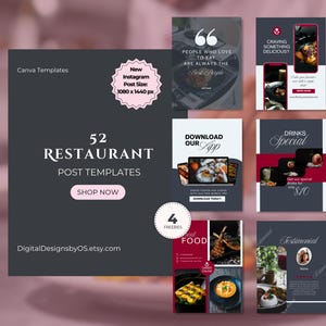 May include: A collection of 52 restaurant social media post templates featuring dark grey and maroon colour schemes. The templates include text such as 52 RESTAURANT POST TEMPLATES, DOWNLOAD OUR APP, CHEF'S RECOMMENDATION, and various food photography layouts.
