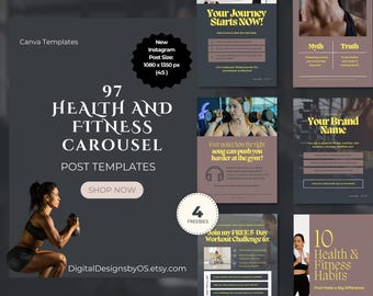 97 Health & Fitness Instagram Canva Templates | Carousel and Post Content for Personal Trainers, Health Coaches, Wellness Brand